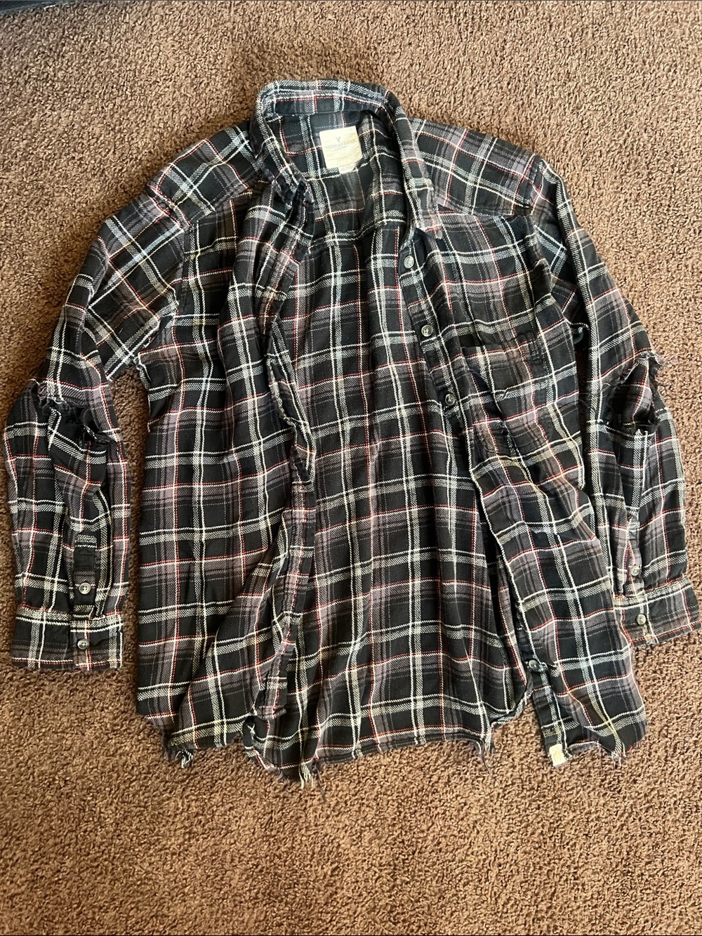American Eagle Black Plaid Shirt with Red and White Accents